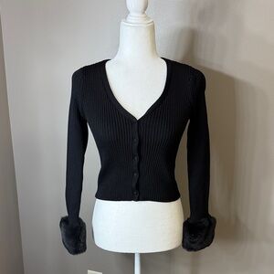 Zara Black Ribbed Cardigan with Faux Fur Cuffs